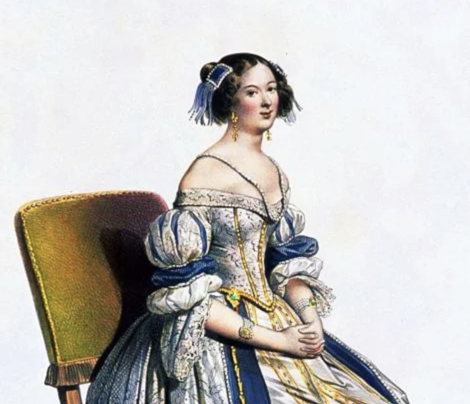Illustration of Seated Woman in 17th Century Yellow and Blue French Dress